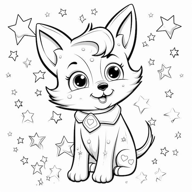 une page à colorier d'un chien avec des étoiles autour de lui