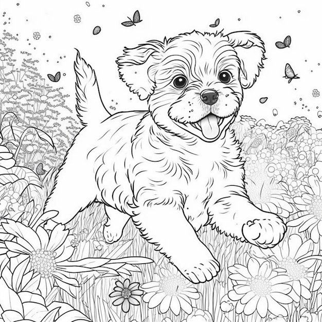 Une page à colorier d'un chiot qui court à travers un champ de fleurs