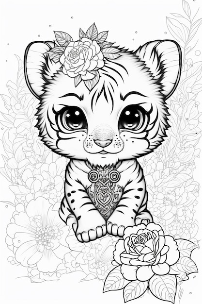 Une page à colorier avec un chiot de tigre et des roses