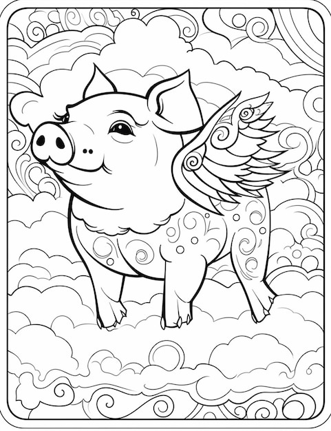 Photo une page à colorier avec un cochon volant dans le ciel