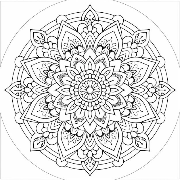 une page à colorier avec un dessin circulaire en noir et blanc