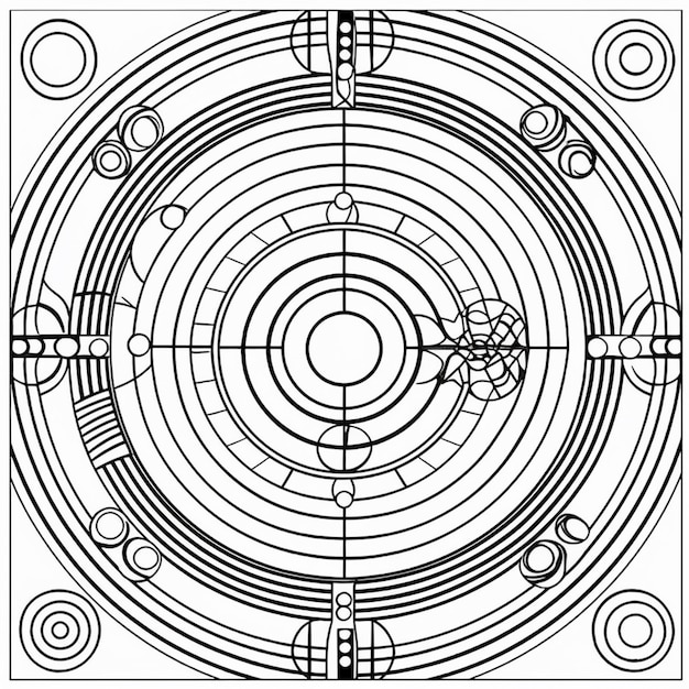 Une page à colorier avec un dessin circulaire en noir et blanc