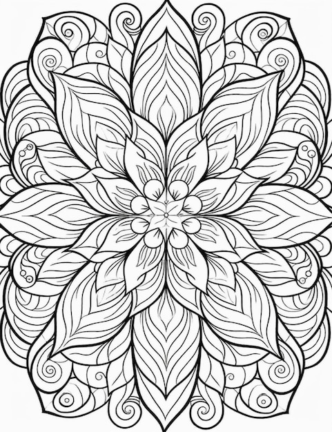 une page à colorier avec un dessin de fleur circulaire générative ai