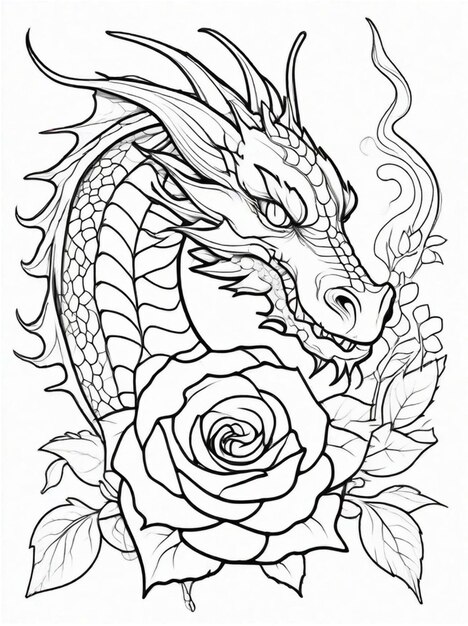 Photo page à colorier dragon et fleur de rose