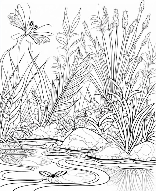 Photo une page à colorier avec un étang et des libellules génératives ai