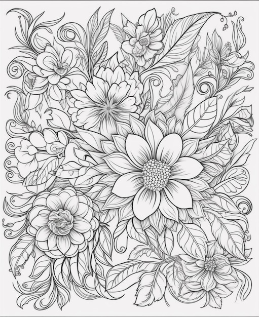 une page à colorier avec des fleurs et des feuilles