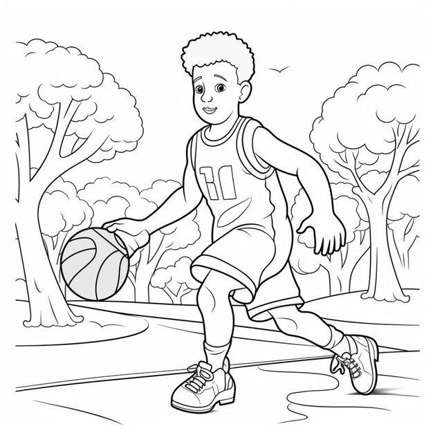 Photo une page à colorier d'un garçon jouant au basket dans le parc génératif ai