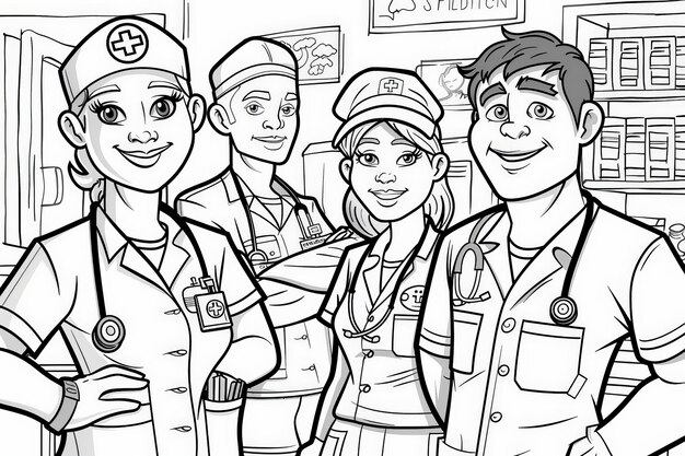Page à colorier Un groupe de professionnels de la santé joyeux se tiennent ensemble équipés pour une journée de soins
