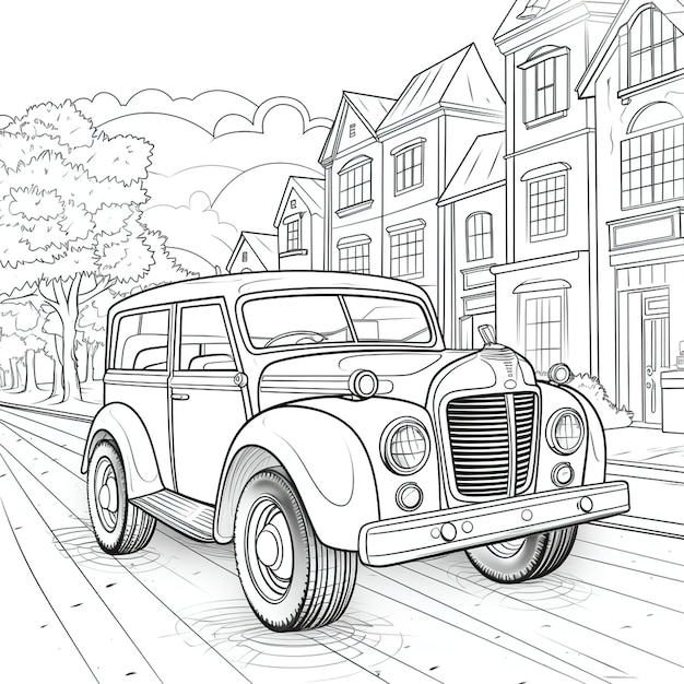 Photo page à colorier en haute résolution pour enfants avec une jolie voiture de dessin animé