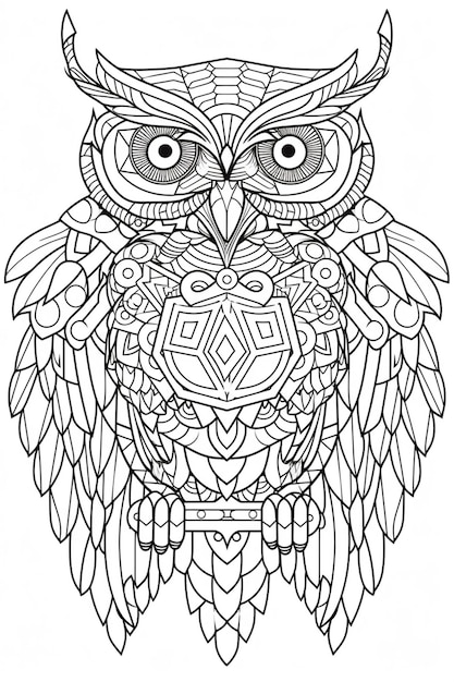 une page à colorier avec un hibou avec un motif géométrique dessus ai génératif