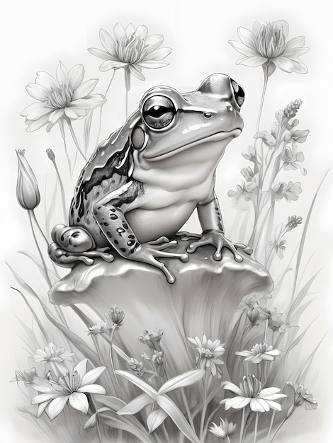 Photo page à colorier imprimable pour adultes sketch de grenouille en noir et blanc