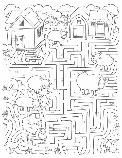 Photo une page à colorier avec un labyrinthe et un chat et un chien génératif ai