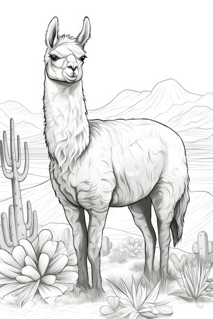 Photo page à colorier d'un lama ou d'un alpaca dans un style dessiné à la main pour enfants