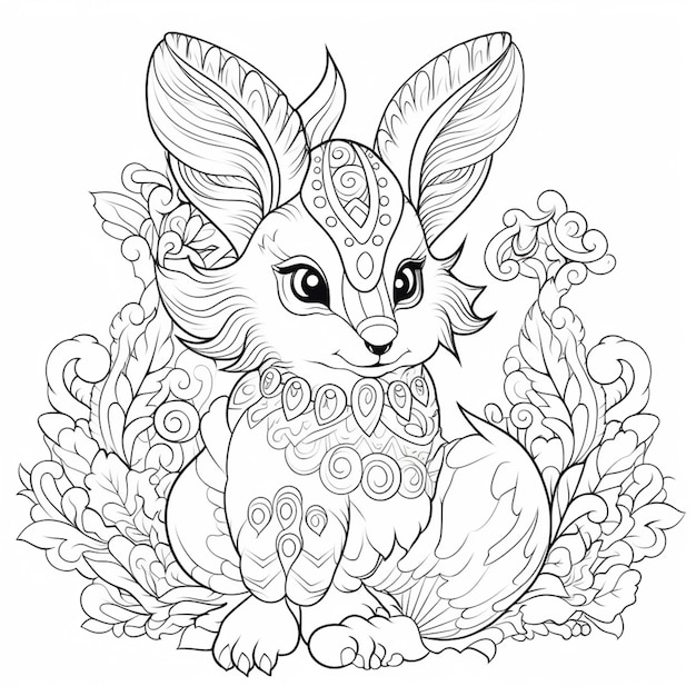 une page à colorier avec un lapin mignon assis dans les feuilles ai générative