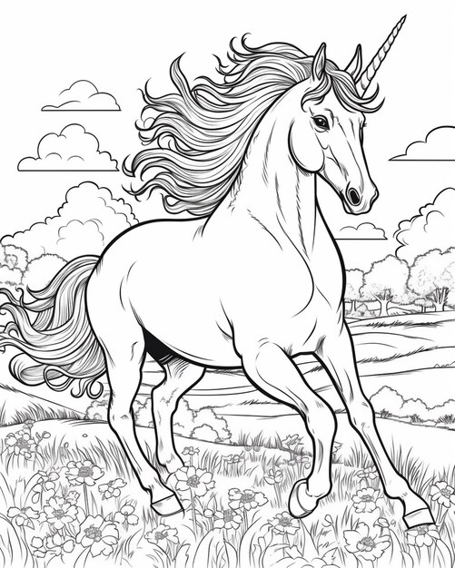 une page à colorier d'une licorne courant dans un champ génératif ai