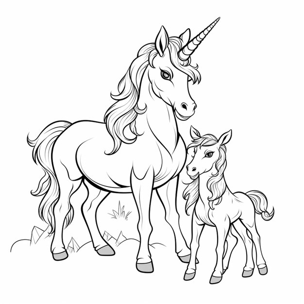 Une page à colorier d'une licorne et de son bébé