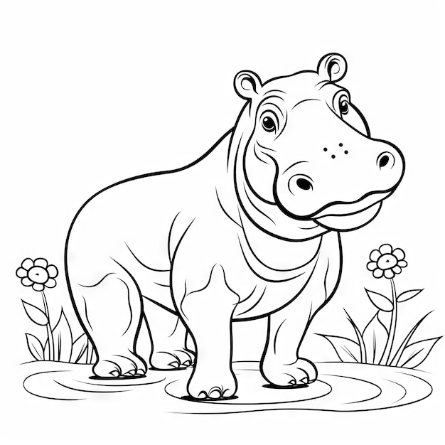 Photo une page à colorier mignonne et drôle un hippopotame