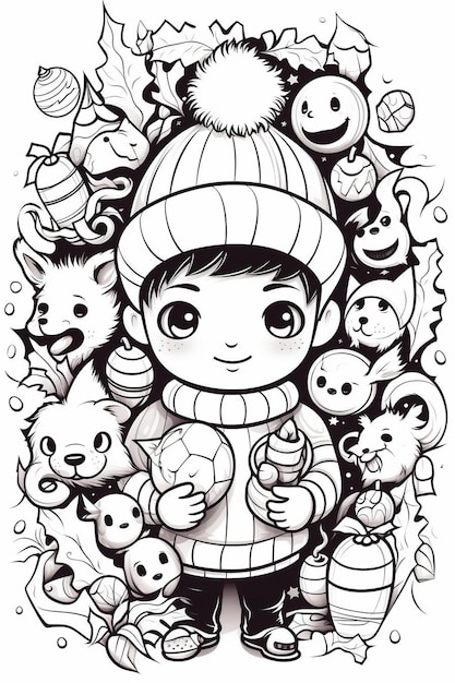 page à colorier en noir et blanc d'une décoration de fête de style kawaii