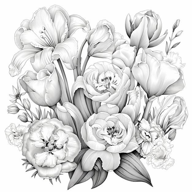 Page à colorier en noir et blanc pour adultes avec des tulipes iris rhododendrons