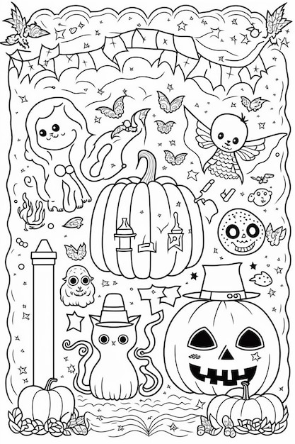 une page à colorier avec des objets sur le thème d'Halloween et une IA générative de citrouille