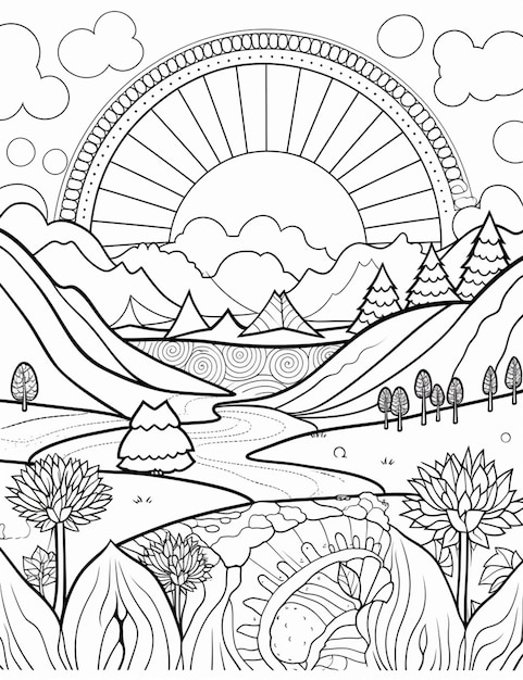 une page à colorier avec un paysage de montagne et une IA génératrice de soleil