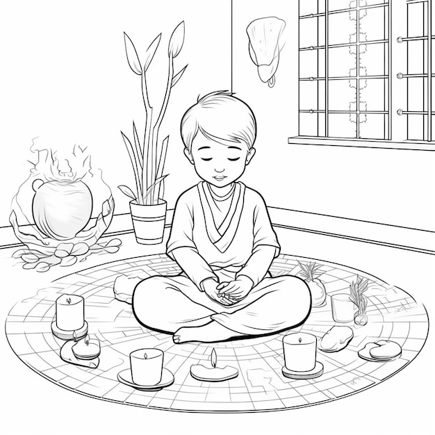 Photo une page à colorier d'une personne assise sur le sol avec des bougies génératives ai