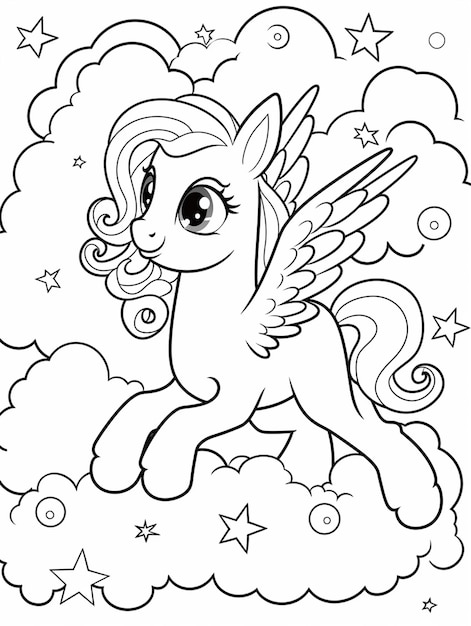 une page à colorier d'un petit poney volant dans le ciel