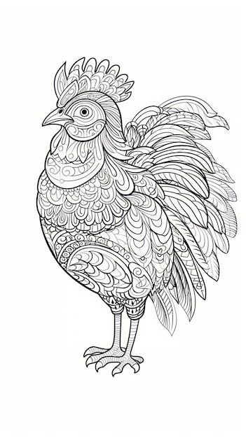 Page à colorier de poulet mignon avec élément de mandala dans un style dessiné à la main d'art de ligne pour enfants