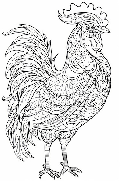 Photo page à colorier de poulet mignon avec élément de mandala dans un style dessiné à la main d'art de ligne pour enfants