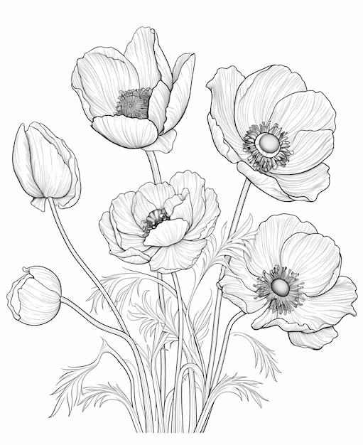 Page à colorier pour adultes avec des images paisibles de tulipes, d'anémones et de fleurs