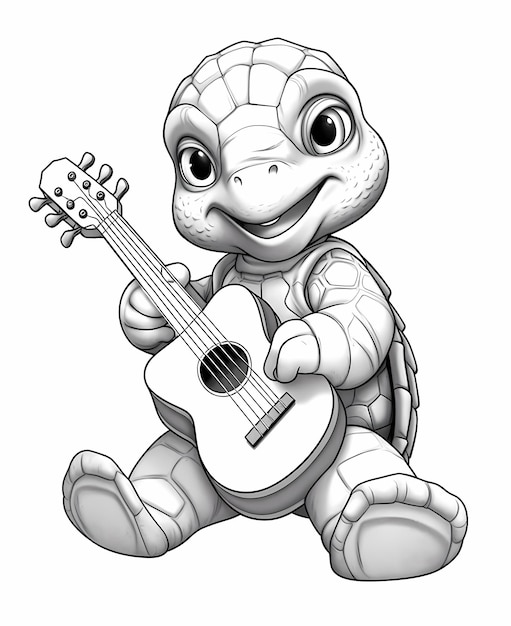 page à colorier pour enfants b w bébé tortue musicien style dessin animé lignes épaisses