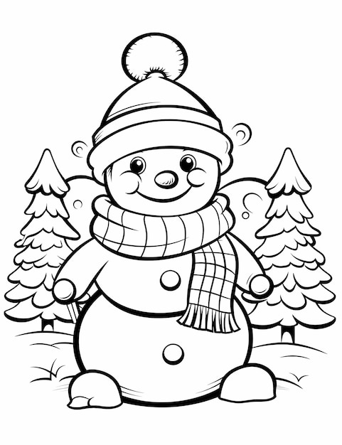 Photo page à colorier pour les enfants sur un bonhomme de neige et une maison de noël