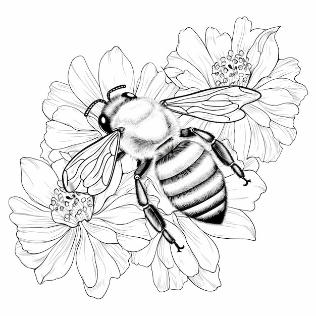 Photo page à colorier pour enfants image d'abeille fleur arrière-plan blanc ligne d'art propre