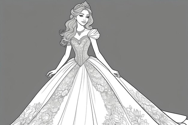 Une page à colorier d'une princesse dans une robe générative ai