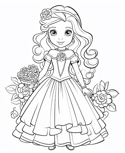 Photo une page à colorier d'une princesse avec des fleurs et un ai génératif tiable