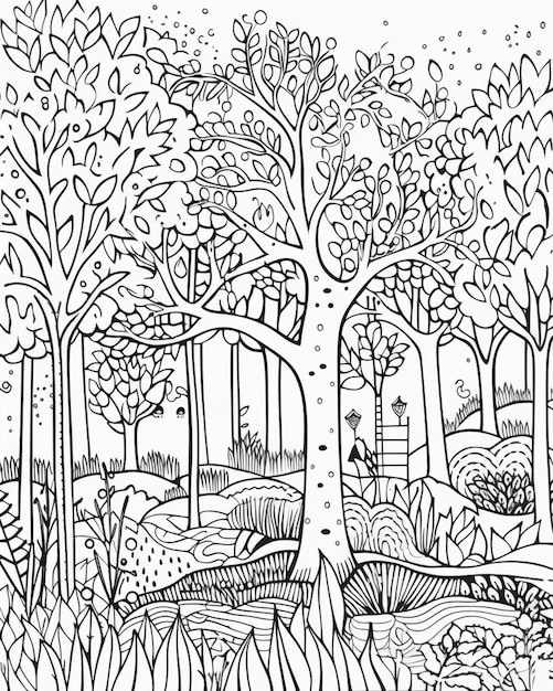 une page à colorier avec une scène de forêt et une rivière