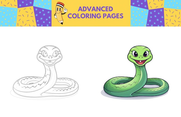 Photo page à colorier de serpent avec exemple coloré pour enfants livre à colorier