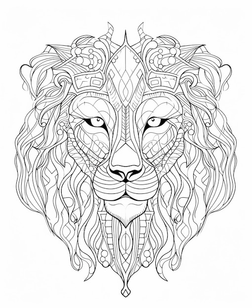 une page à colorier avec une tête de lion et un motif dessus