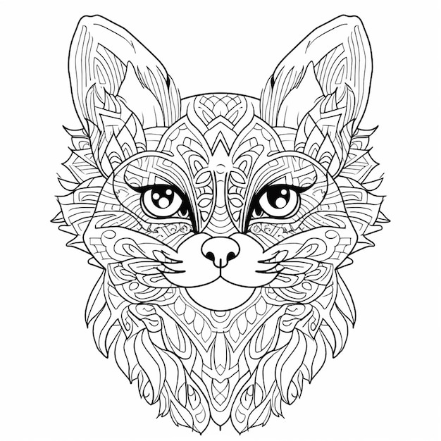 une page à colorier avec un visage de chat et un motif dessus