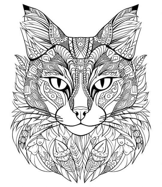 une page à colorier avec un visage de chat et un motif floral génératif ai