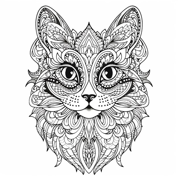 une page à colorier avec un visage de chat et des motifs ornés ai générative