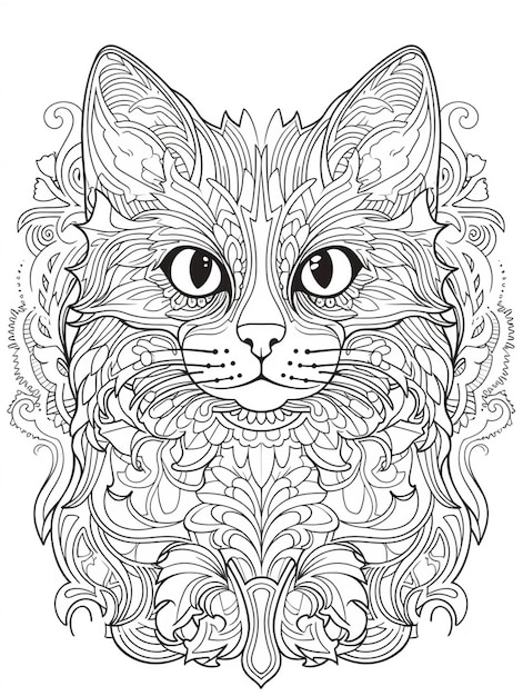 une page à colorier avec un visage de chat et des motifs tourbillonnants