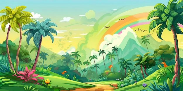 Une page de dessin animé pour enfants avec un arc-en-ciel et des palmiers Une aventure amusante et éducative AI Generative