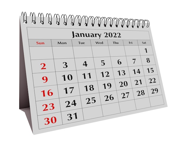 Une page du calendrier mensuel d'affaires annuel. Date - mois de janvier 2022. Rendu 3D