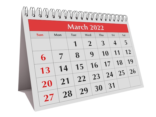 Une page du calendrier mensuel des affaires annuel Date mois mars 2022 rendu 3d