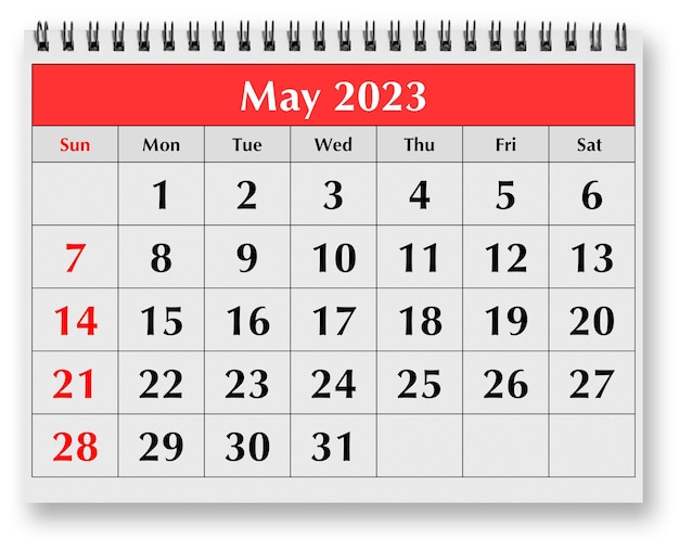 Page du calendrier mensuel annuel Mai 2023