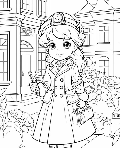 Photo la page du livre de coloriage pour enfants d'halloween avec une petite fille en costume