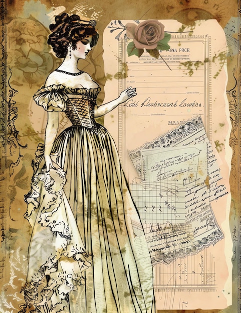 Page de journal d'usure imprimable de style vintage avec une robe à épaule froide