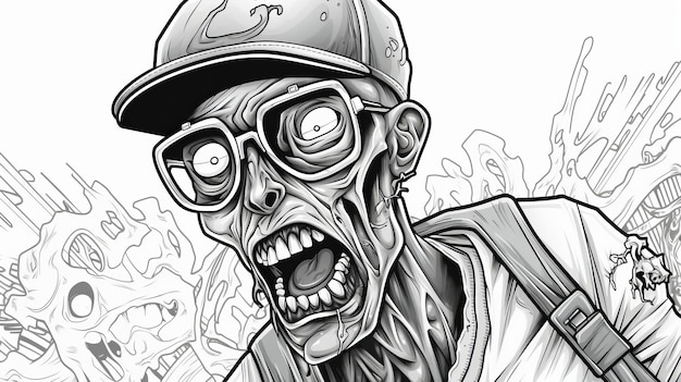 Photo page de livre de coloriage hip hop zombie avec travail de ligne détaillé