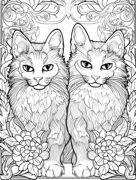 Page de livre de coloriage magique fantastique de chats noirs en noir et blanc pour adultes